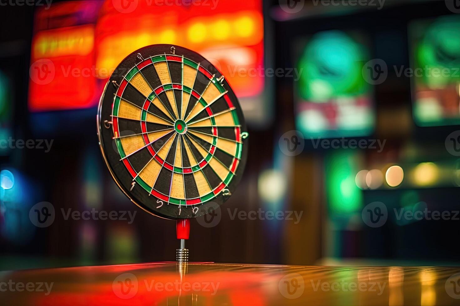 Closeup Colorful Dartboard Stand at Shiny Gaming Space, Created By . photo