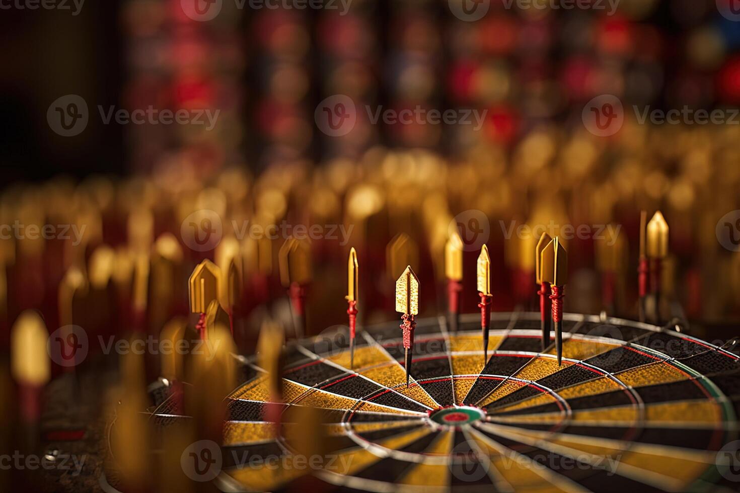 Close Up Shot Red and Golden Darts Arrows Surrounding Dartboard Center. Achievement and Target Theme Created by Technology. photo