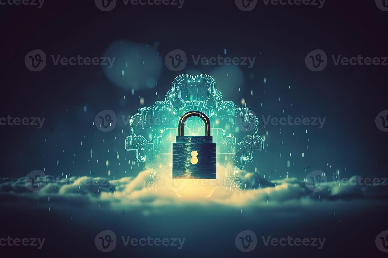 Neon Style A Virtual Blue Lock Representing Secure to Sensitive Data Features of Cloud Created with . photo