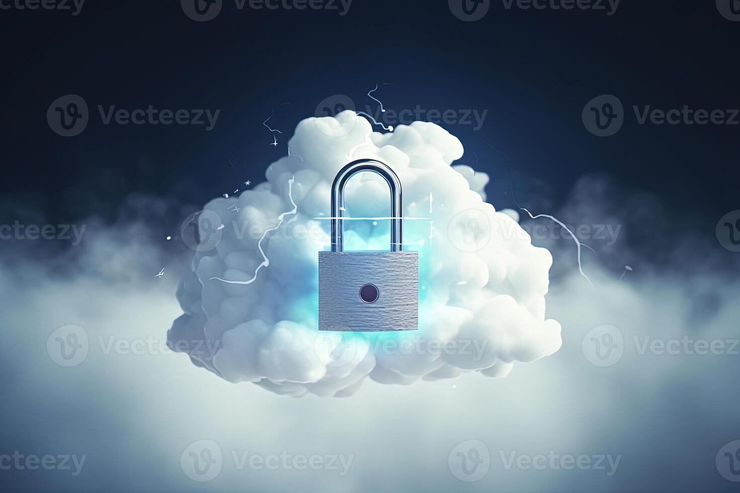 A Virtual Glowing Lock Representing Secure to Sensitive Data Features of Cloud Created with . photo