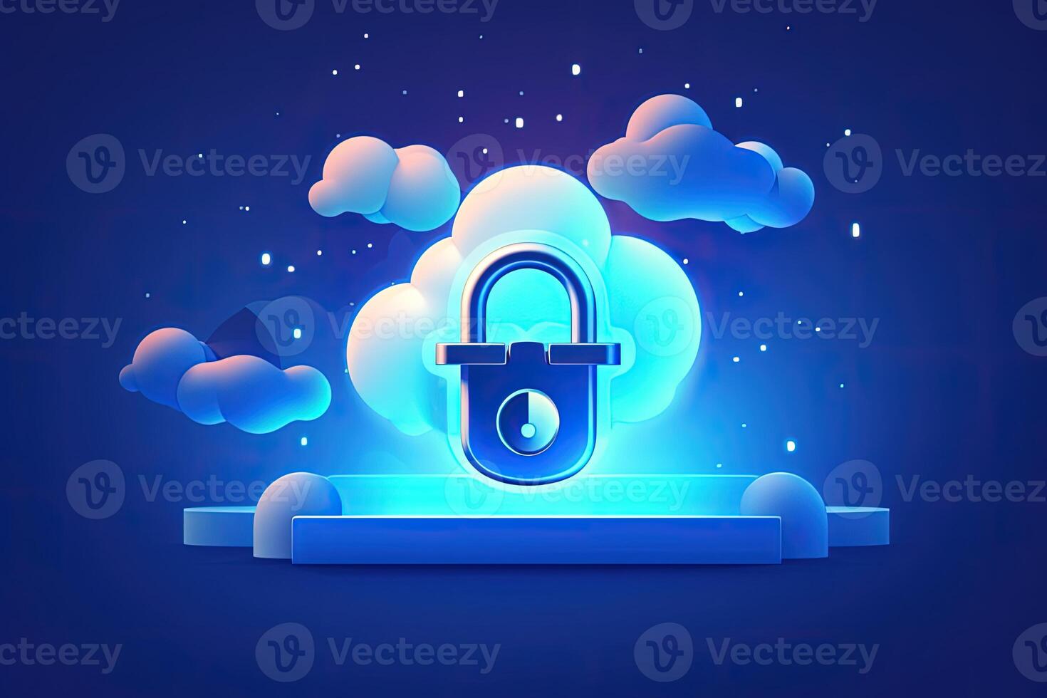 A Glowing Blue Virtual Lock Representing Secure to Sensitive Data Features of Cloud Created with . photo