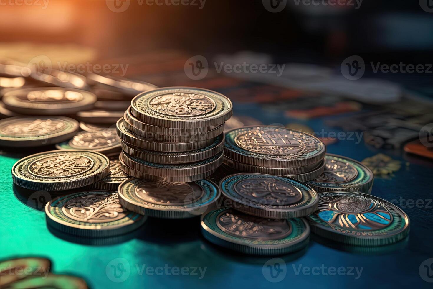Pile of Silver Coins in Finance Treasury Deposit Bank Account for Savings, Concept of Business Economy and Financial Growth. . photo