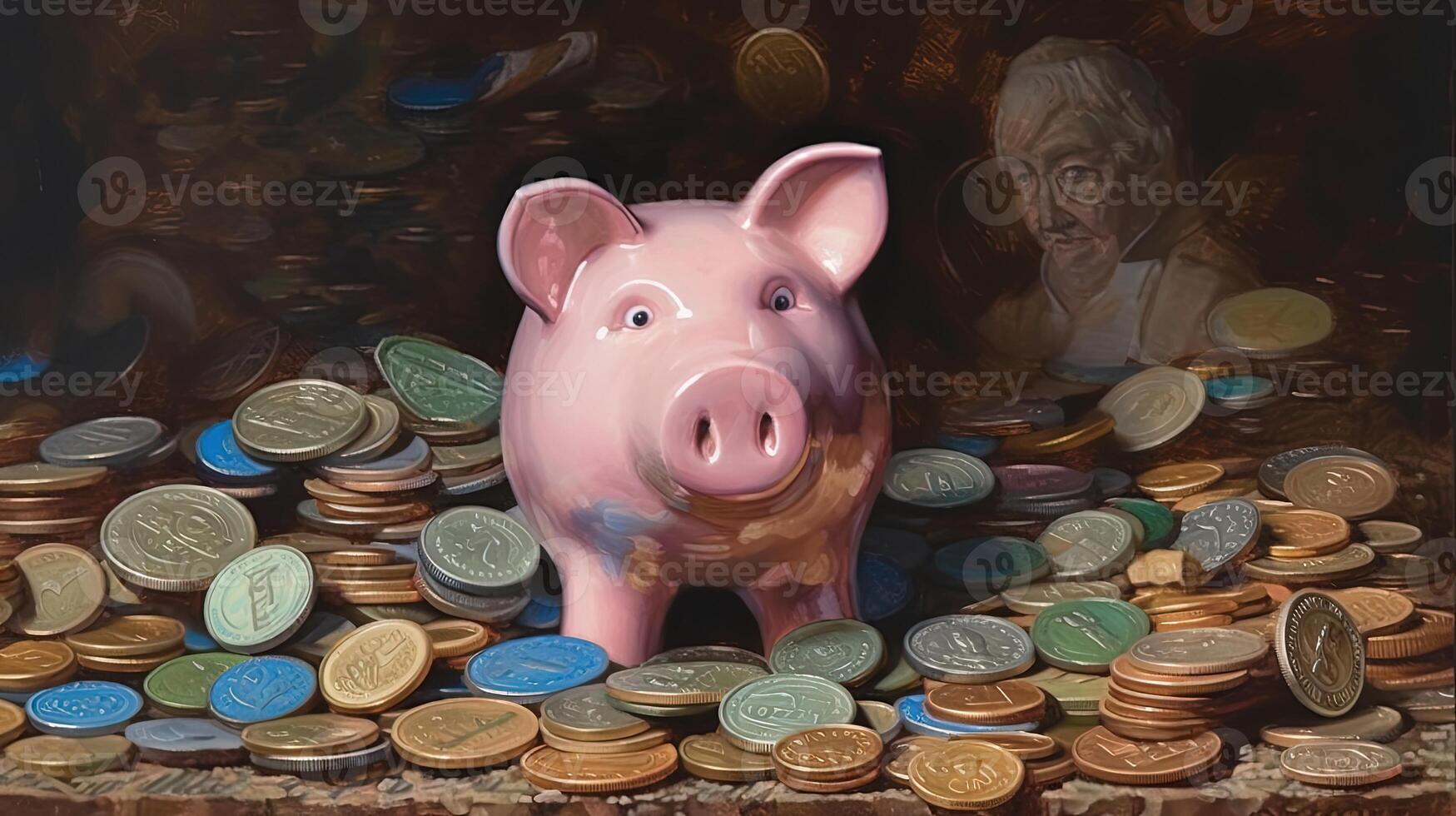 A Clay Model of Cute Piggy on Ancient Coins Heap against History Man Painting Background. . photo