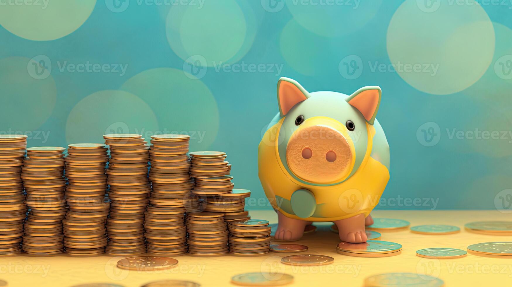 A Cute Ceramic Piggy with Stack of Golden Coins against Turquoise and Yellow Circles Background. . photo