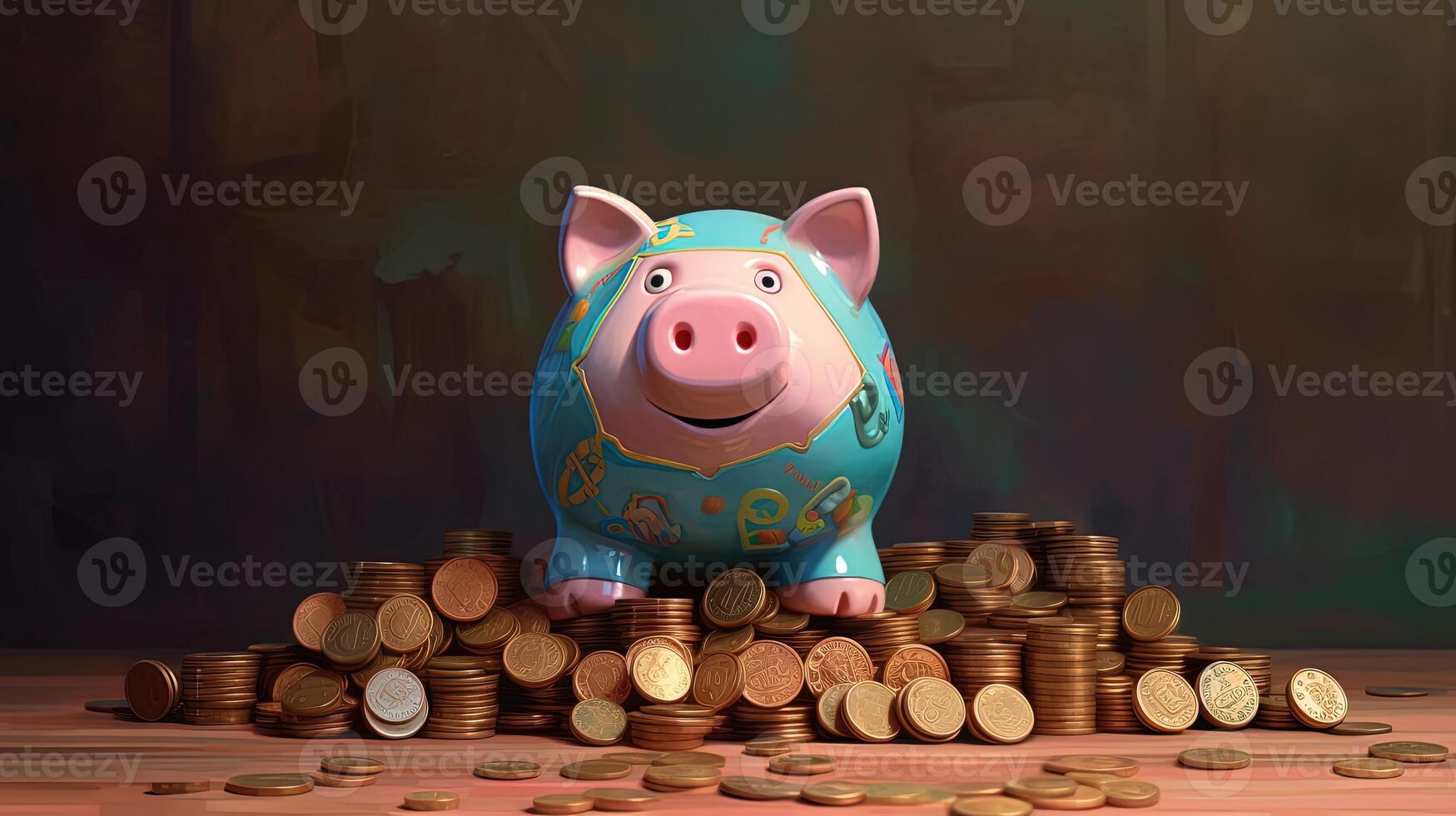 A Cute Piggy Bank on Golden Coins Heap against Painted Background. . photo