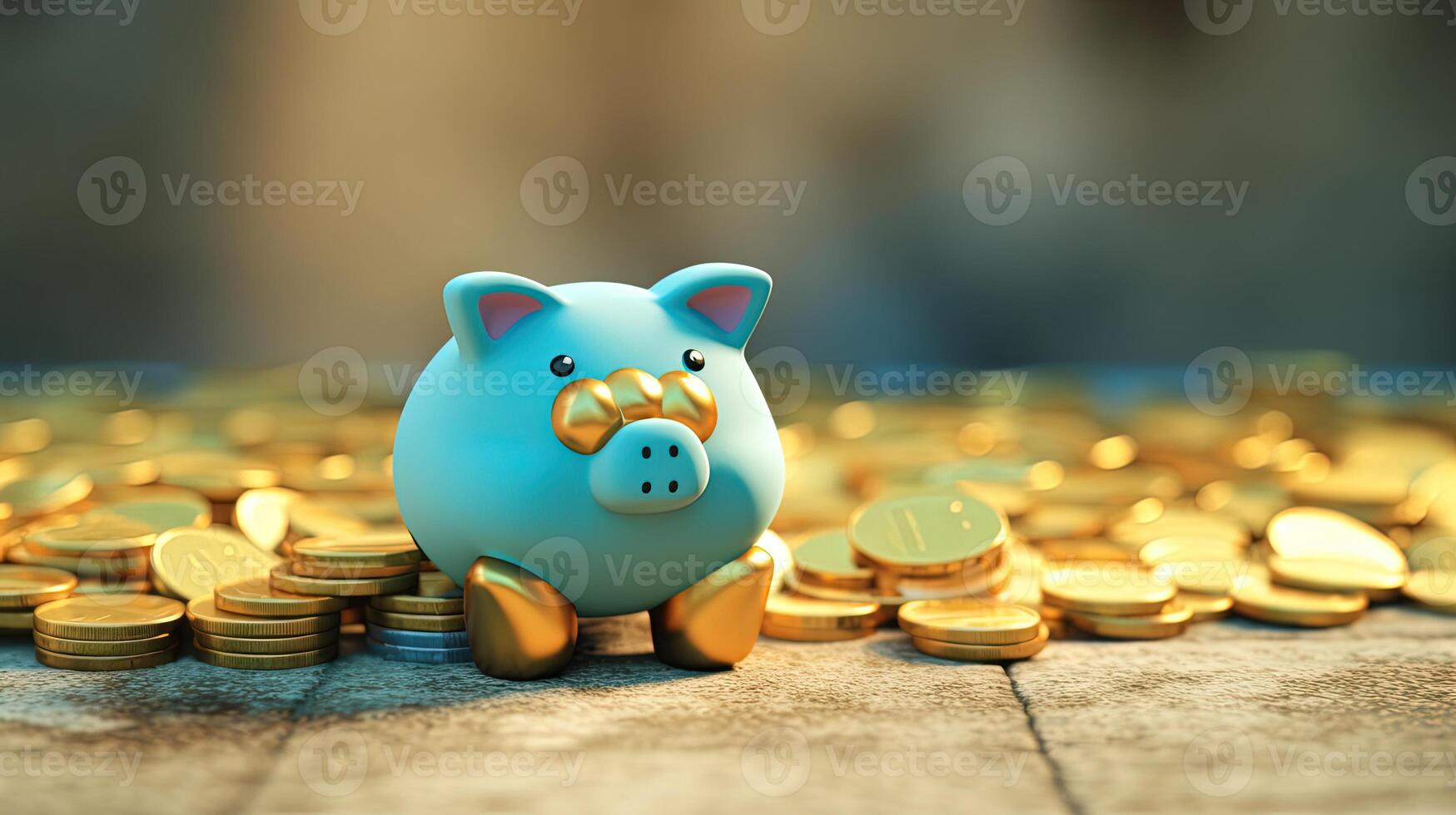 A Blue Piggy Bank Sits Top of Stack Golden Coins Illustration. Saving Money or Finance for a Secure Future. . photo