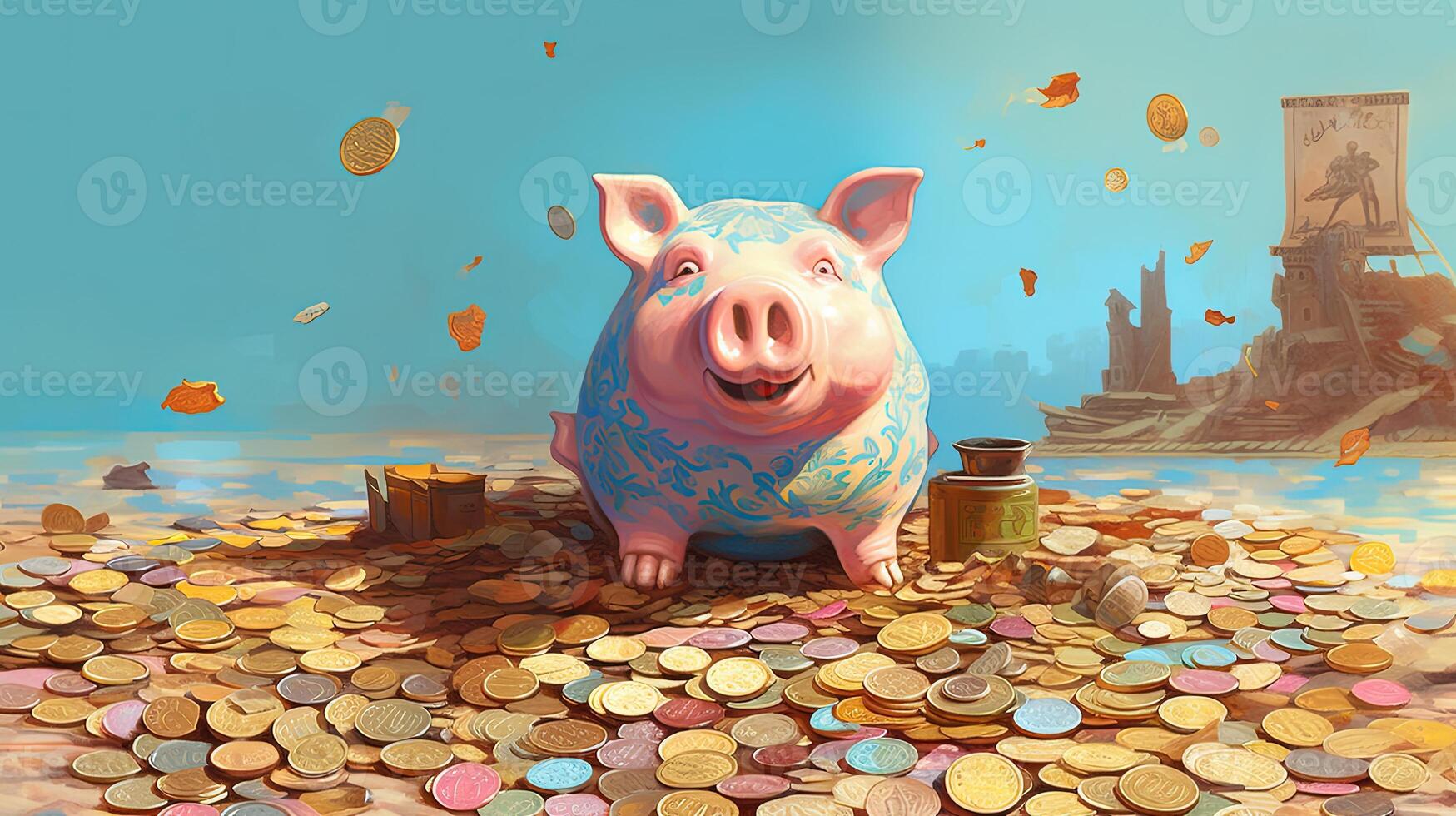 A Cute Piggy Bank on Colorful Currency Coins Heap against Ancient Castle with Flag Illustration. photo