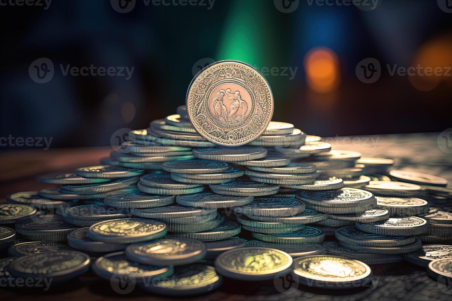 A Pile of Silver Coins in Treasury Deposit Bank Account for Savings. Concept of Business Economy and Financial Growth by Investing in Valuable Assets to Generate Cash Revenue Gains. . photo