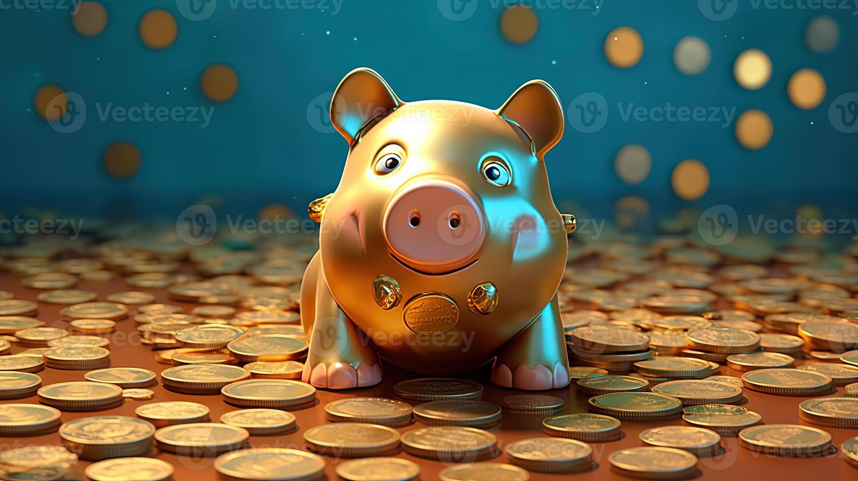 A Cute Piggy Bank with Scattered Golden Coins at Turquoise Background. Treasure or Saving Money for Secure Future. . photo