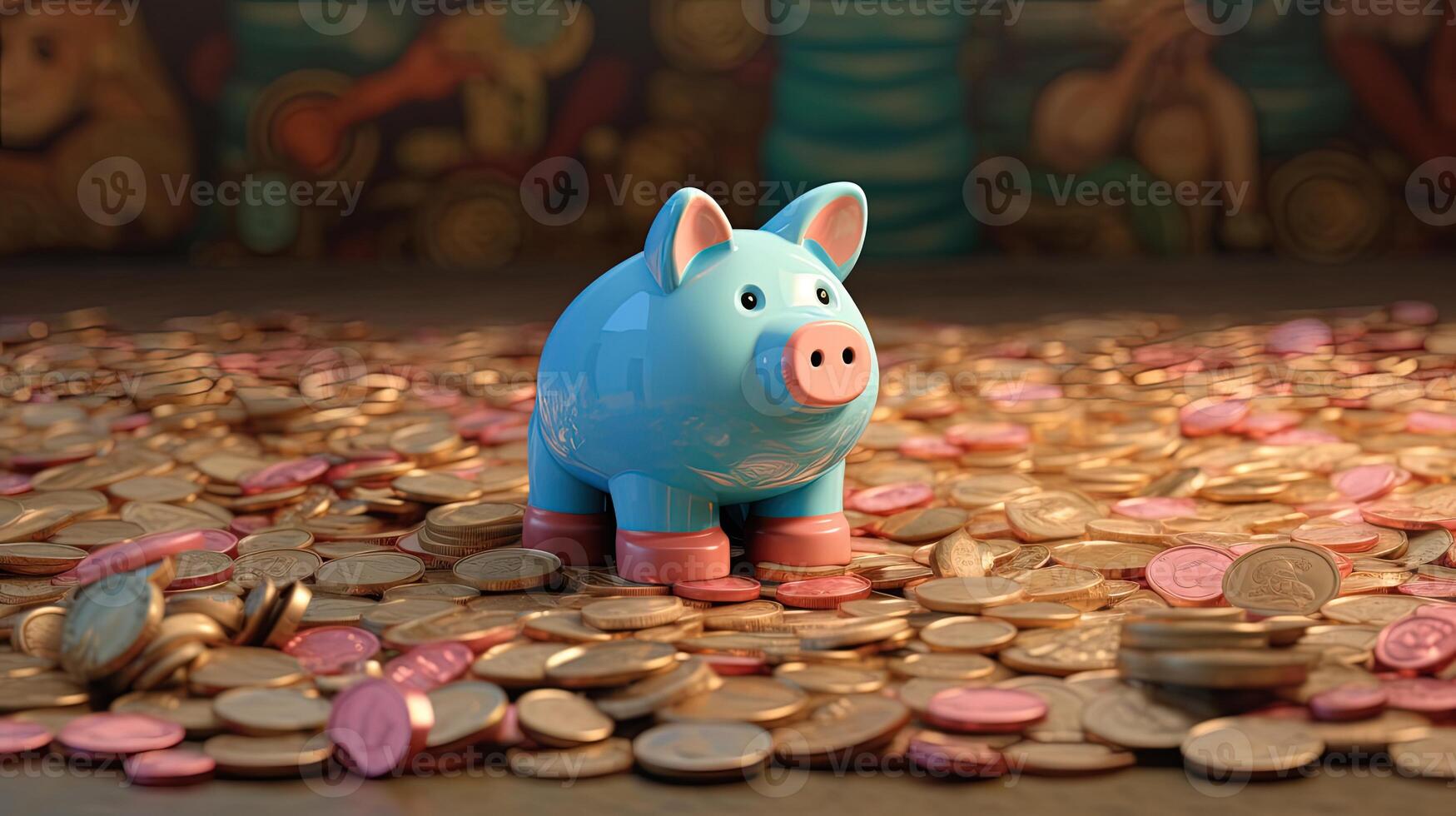 A Piggy Bank on Mixed Coins Heap at Shiny Treasure Rom. Saving Money or Finance for a Secure Future. . photo
