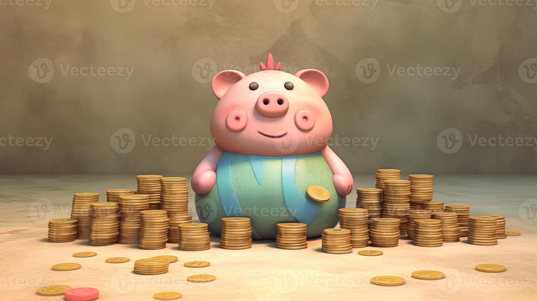 A Piggy Bank Sits with Stack of Golden Coins Illustration. Saving Money or Finance for the Secure Future. . photo