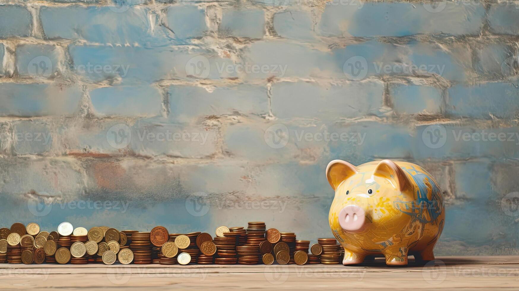 A Yellow Piggy Bank with Stack of Golden Coins against Rustic Wall. Saving Money or Finance for the Secure Future. . photo