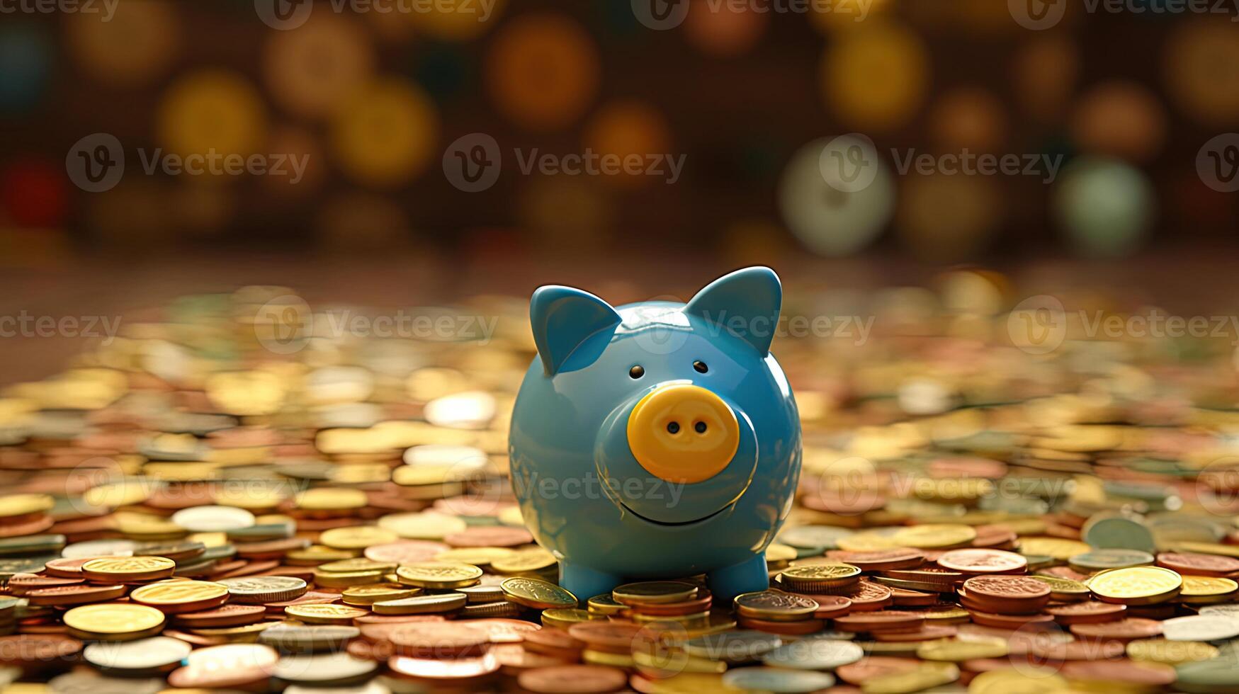 A Blue Piggy Bank with Stack of Golden Coins at Shiny Treaure Room. Saving Money or Finance for the Secure Future. . photo