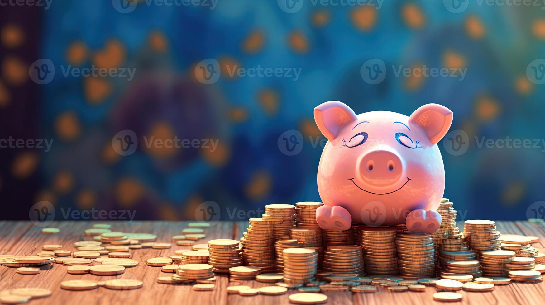 A Piggy Bank on Mixed Coins Heap on Brown and Pastel Blue Background. Saving Money or Finance for a Secure Future. . photo