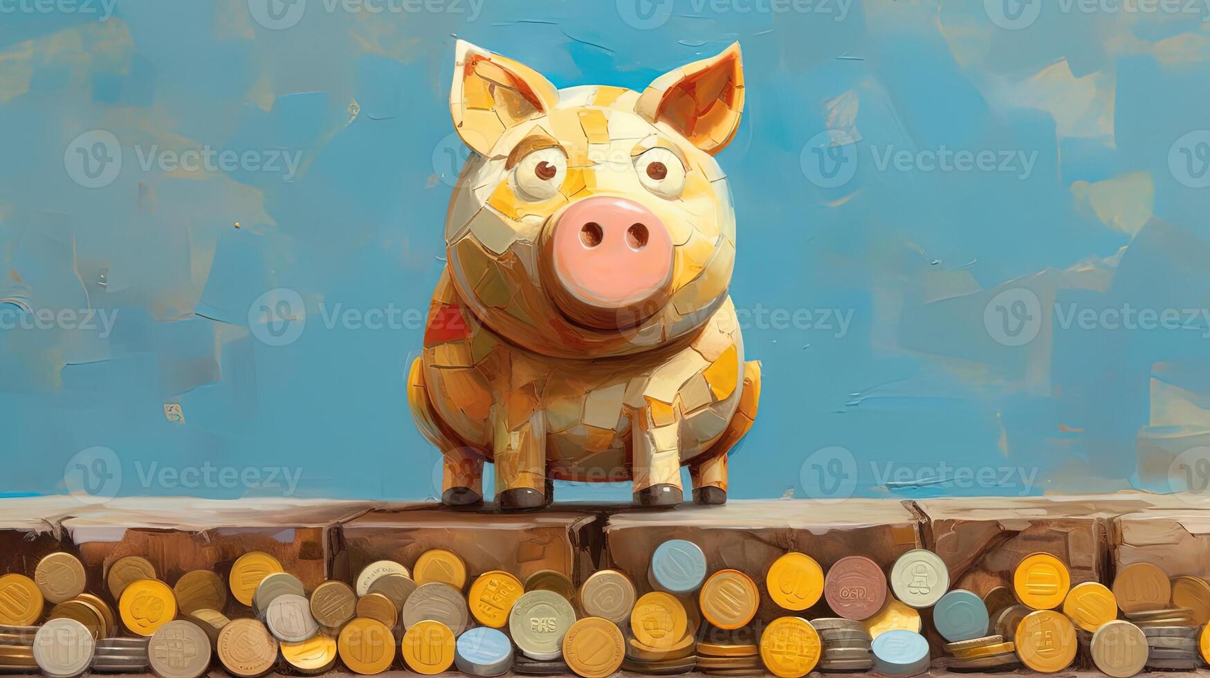 A Painted Cute Piggy with Different Currency Coins on Wall. Saving Money or Finance for the Secure Future. . photo