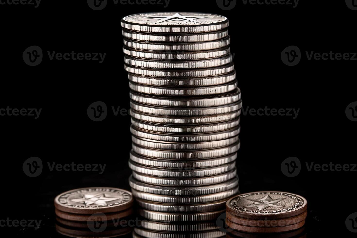 Stack of Silver Star Coins on Background, Concept of Business Economy and Financial Growth. . photo