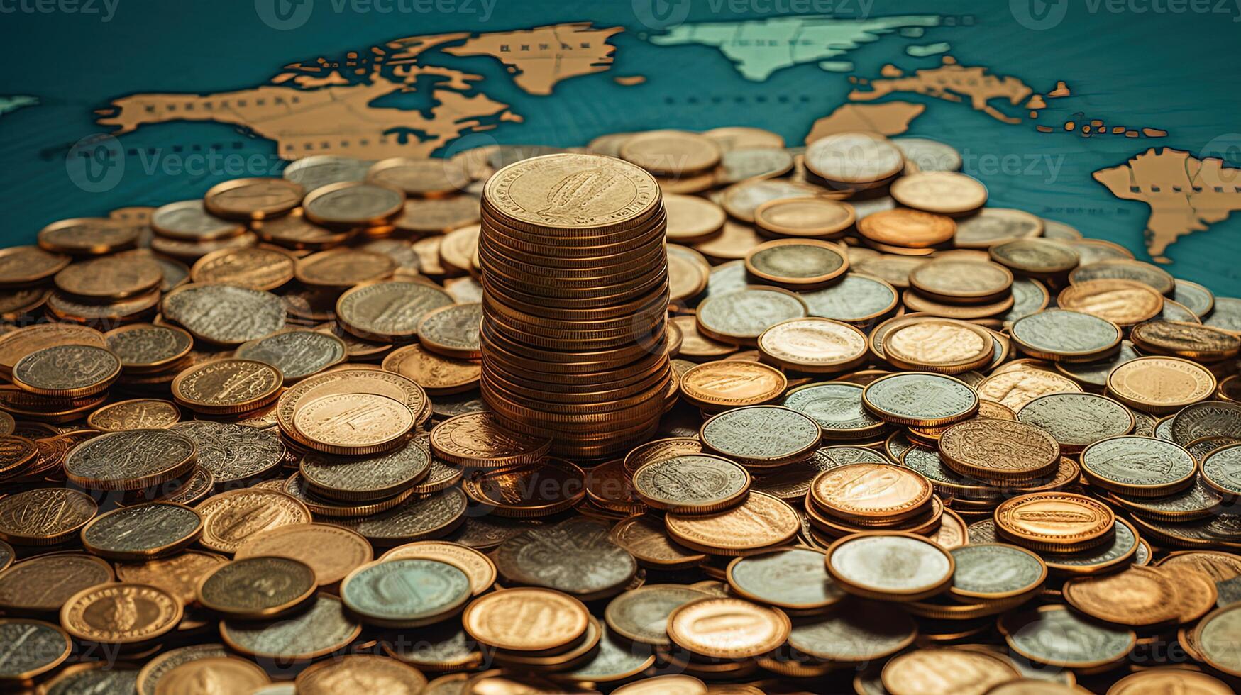 Close Up Photography World Continents Money or Finance Concept with Golden Coins Covering Map. . photo