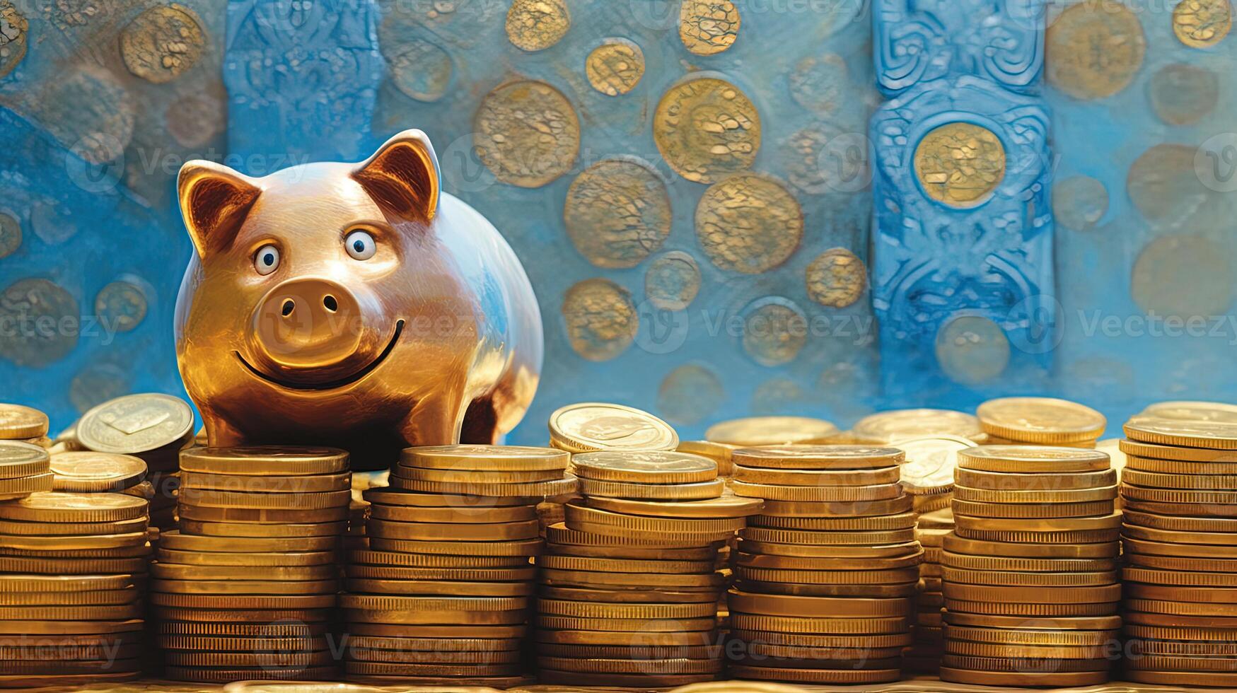 A Cute Golden Piggy Sits Top of Heap Currency Coins at Painted Circles Blue Background. Treasure or Saving Money for Secure Future. . photo