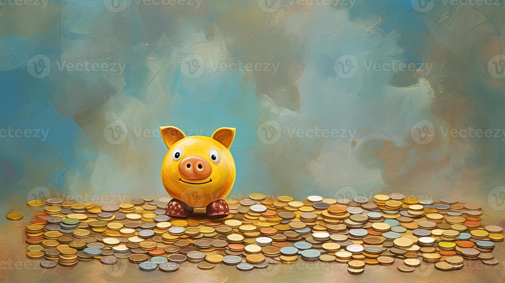 A Yellow Piggy Bank Sits Top of Stack Coins at Painted Background. Saving Money or Finance for a Secure Future. . photo