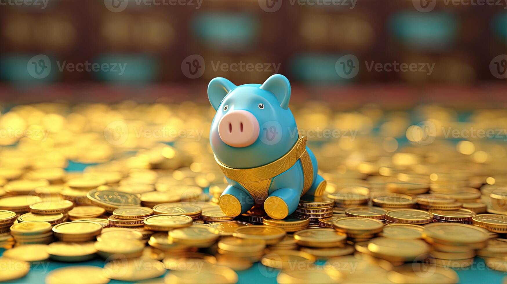 A Blue Cute Piggy Sits Top of Golden Coins Background. Saving Money or Treasure for a Secure Future. . photo