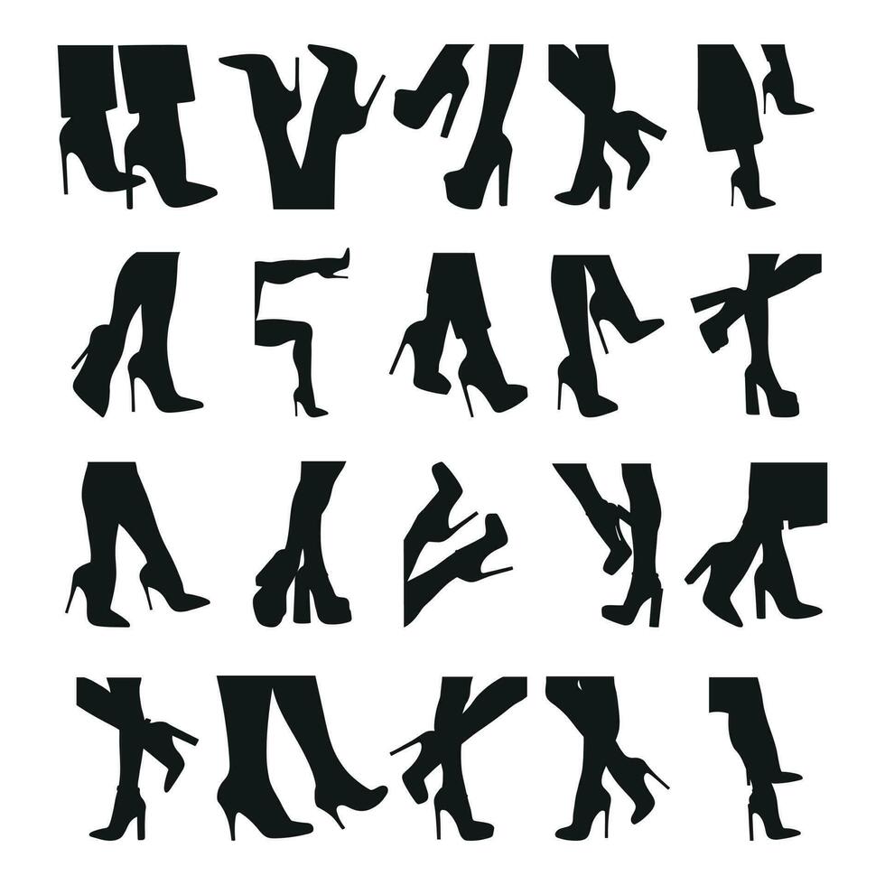 Set black silhouette of female legs in a pose. Shoes stilettos, high heels. Walking, standing, running, jumping, dance vector