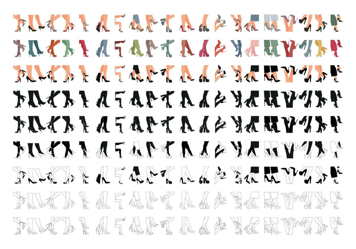 Big set of silhouettes of 180 pairs of female legs. Shoes stilettos, high heels vector