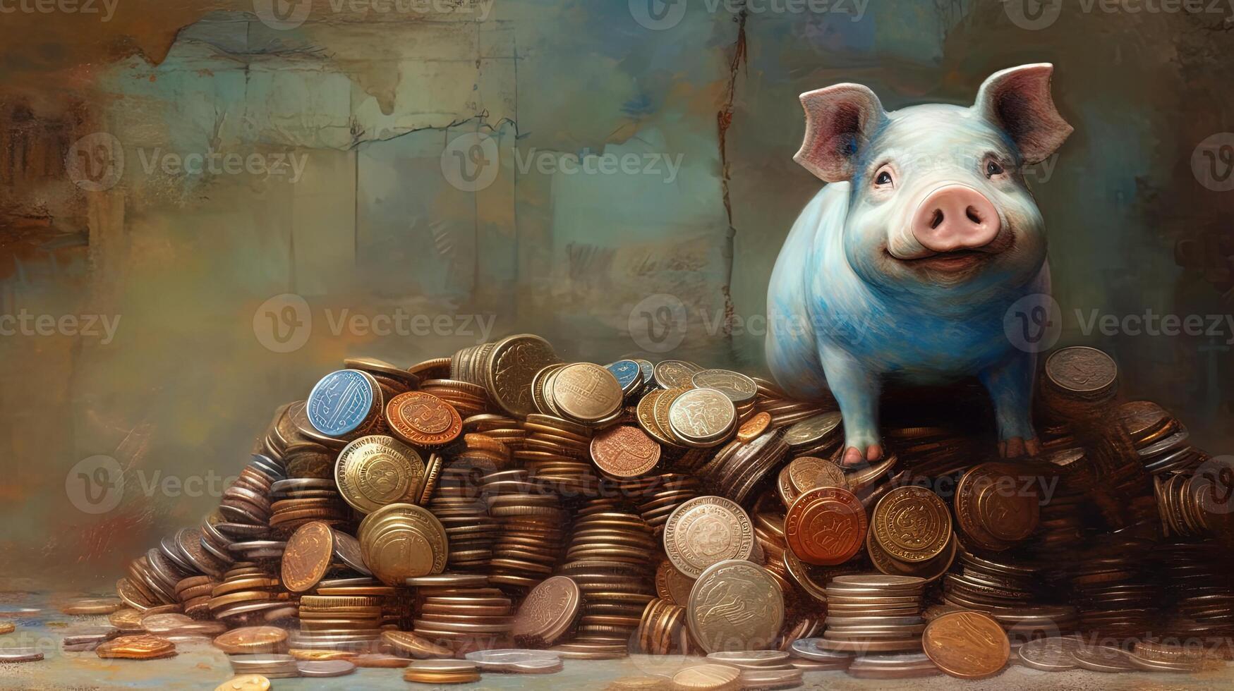 A Painted Cute Pig Sits on Heap of Different Currency Coins Illustration. . photo
