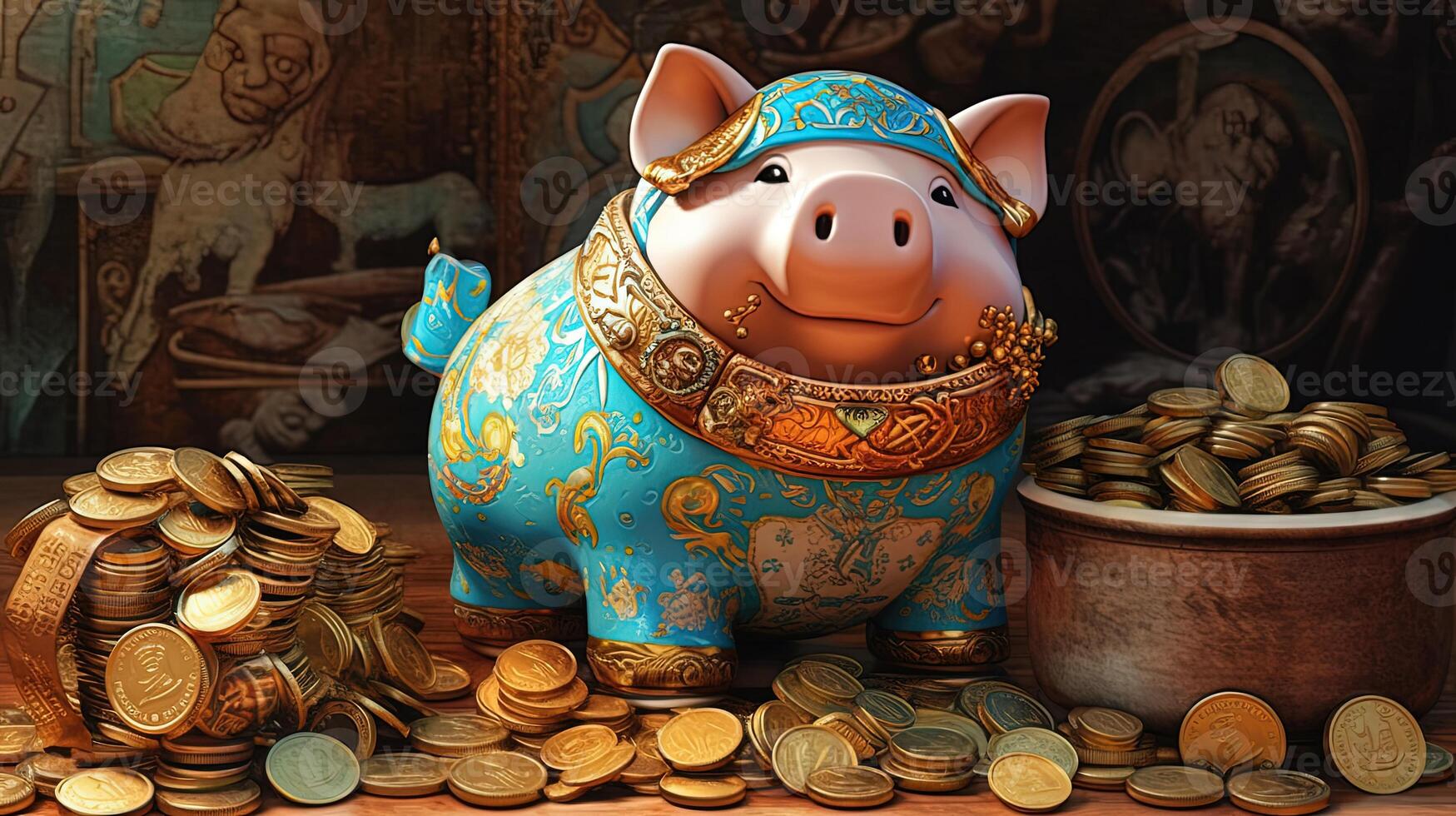 A Cute Blue Piggy Bank with Stack of Golden Jewelry and Coins, Cauldron at Shiny Ancient Cartoon Painting Room. Treasure or Saving Money for Secure Future. . photo