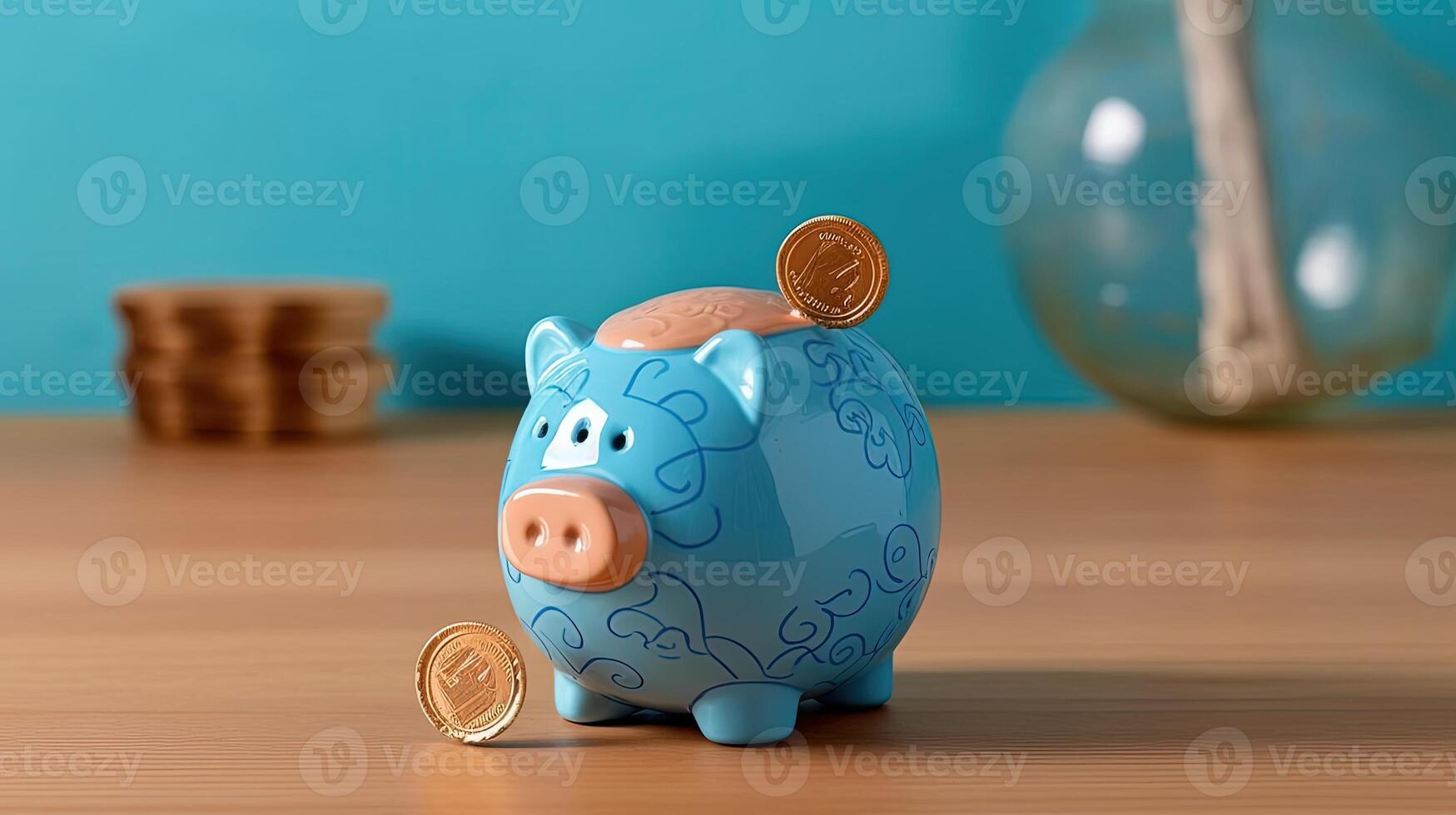 A Cute Piggy Bank with Golden Coins and Glass Potted on Brown and Turquoise Background. . photo