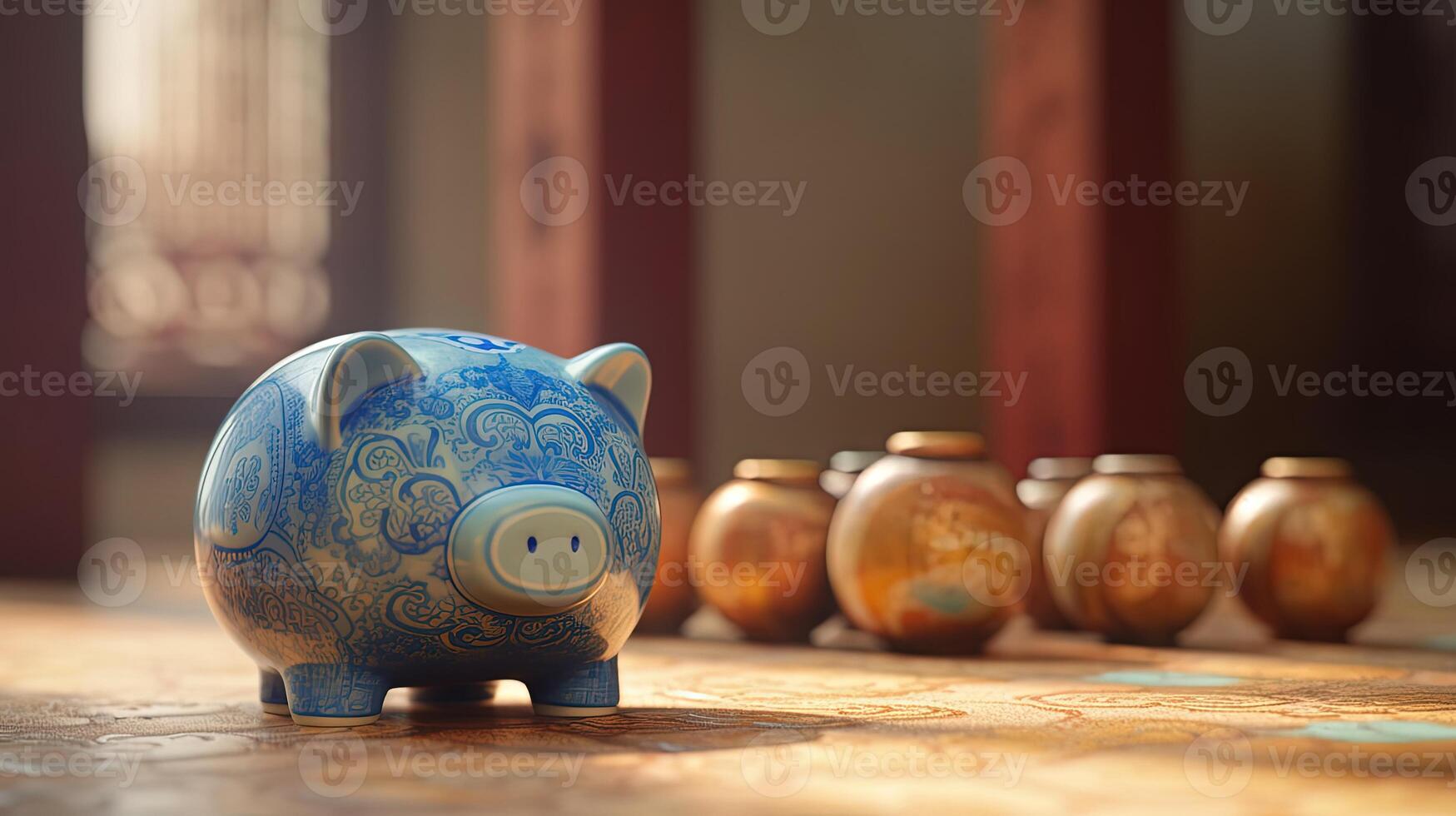 Two Type Chinese Piggy Banks Stack at Shiny Room. Treasure or Saving Money for Secure Future. . photo