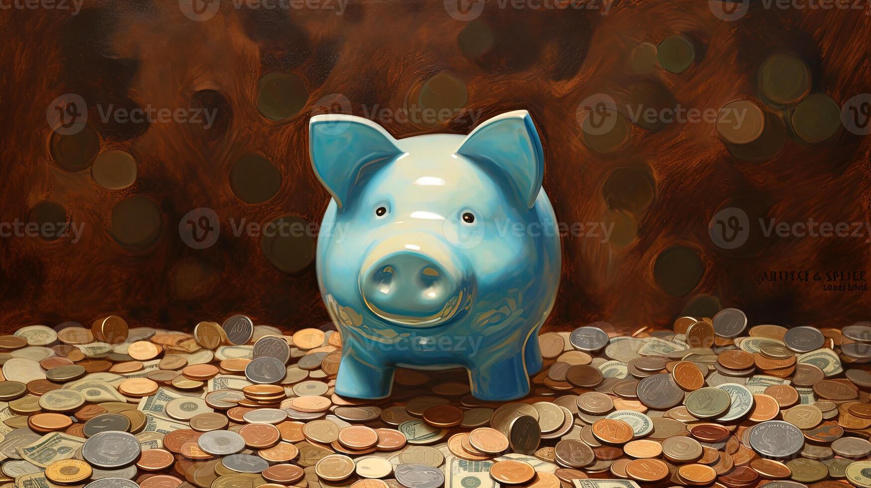 A Blue Ceramic Piggy Bank Sit Top of Mixed Coins and Monetary Notes Heap at Brown Circles Background. . photo