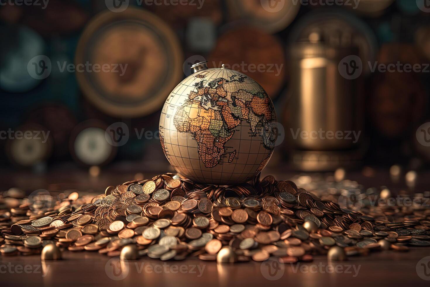 A World Globe Resting on Pile of Mixed Colorful Shiny Coins Illustration. . photo