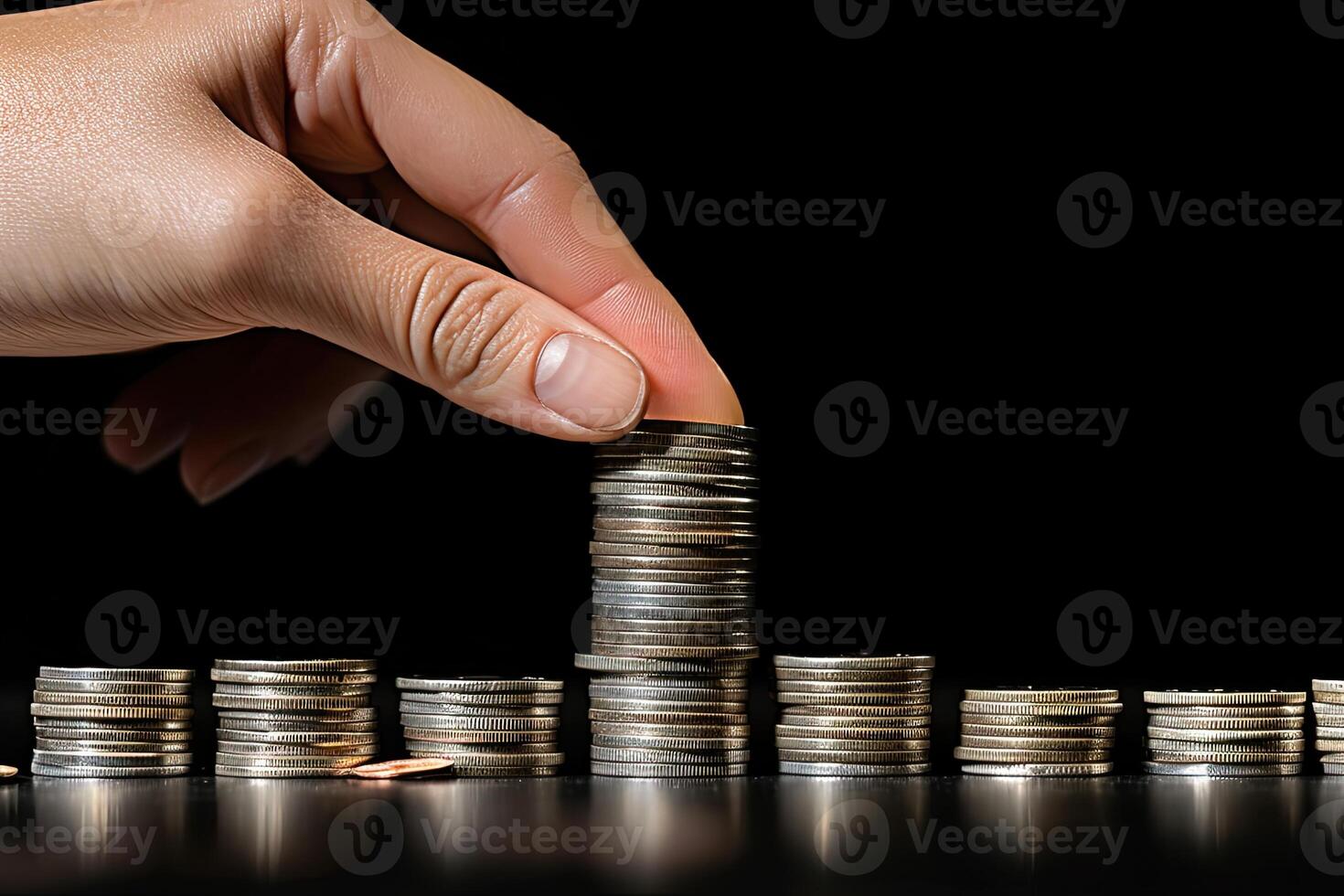 A Human Touching Penny Silver Coins Stack for Saving or Business Invest Concept. . photo