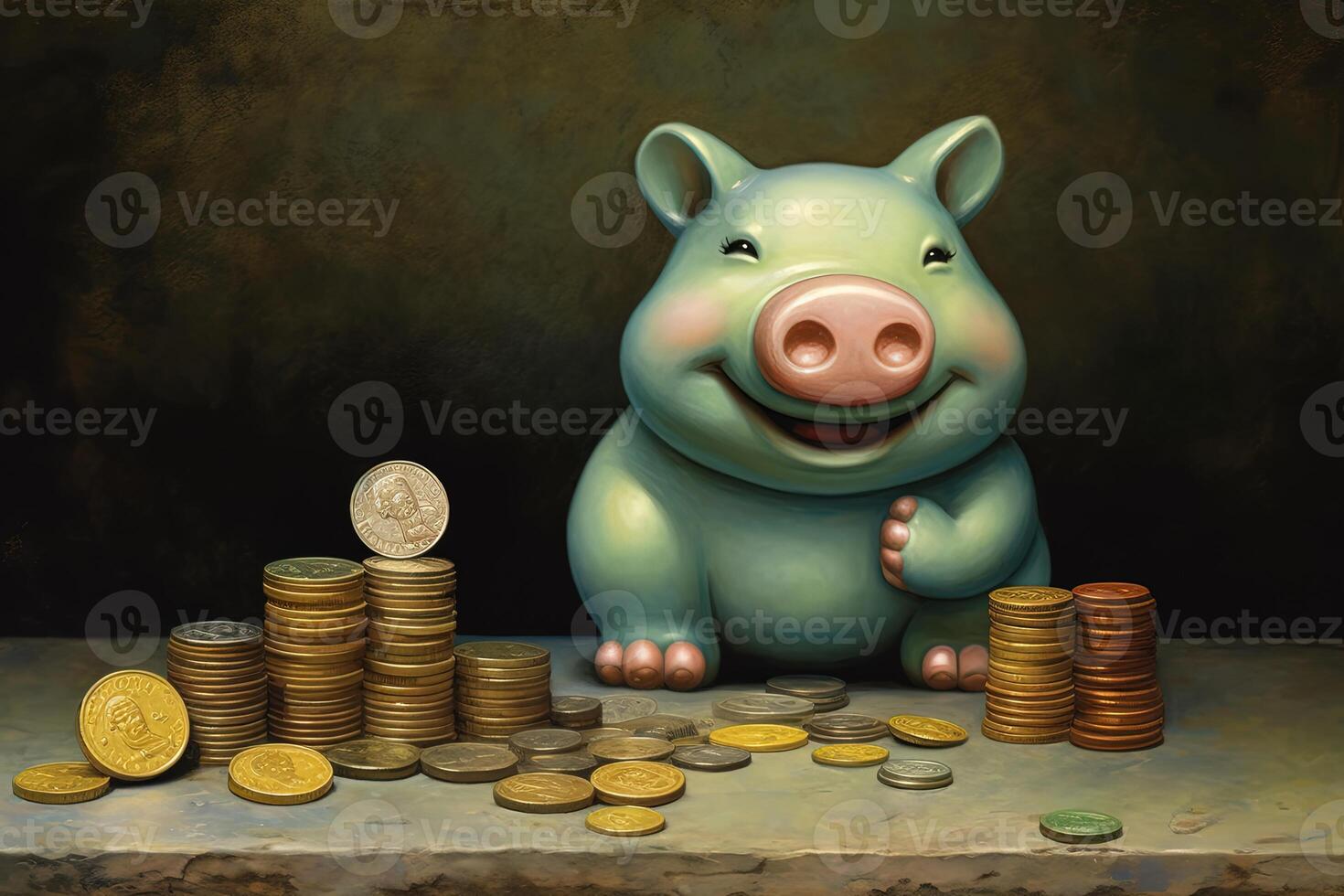 A Happy Piggy Bank Sits with Stack of Coins Isolated on Shiny Dark Background. . photo