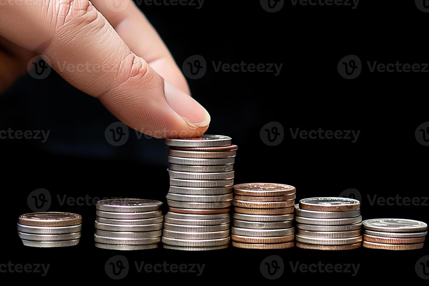 A Human Touching Penny Silver Coins Stack for Saving or Business Invest Concept. . photo