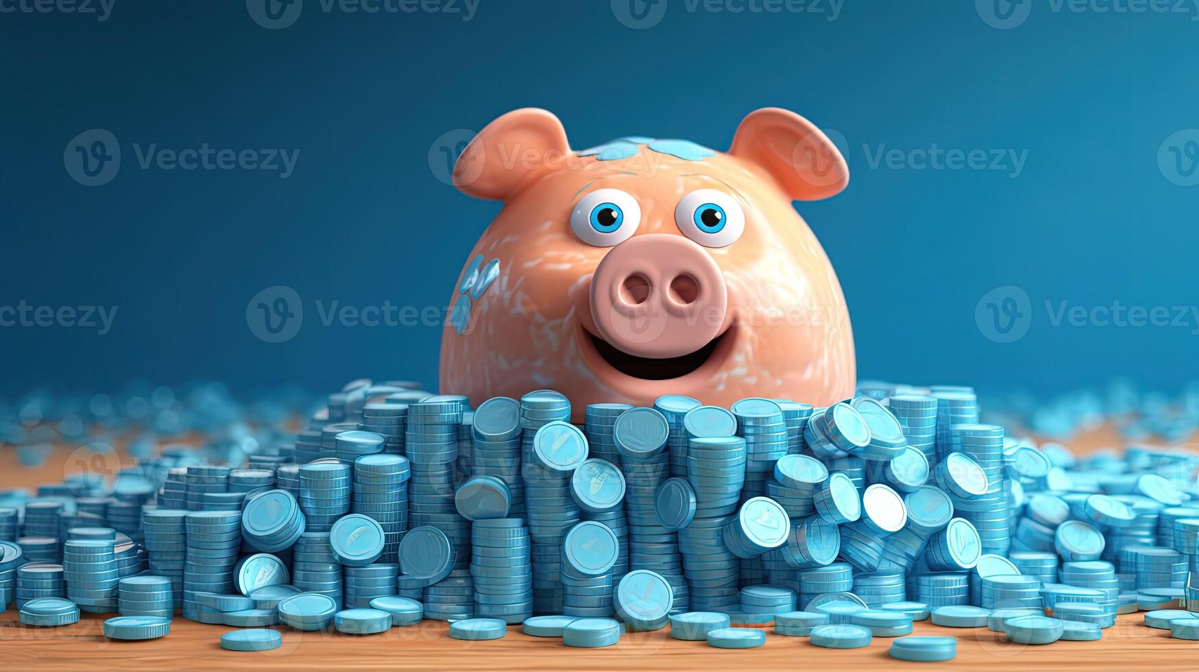 A Happy Piggy Bank Inside Heap Blue Coins Illustration. Treasure or Saving Money for Secure Future. . photo
