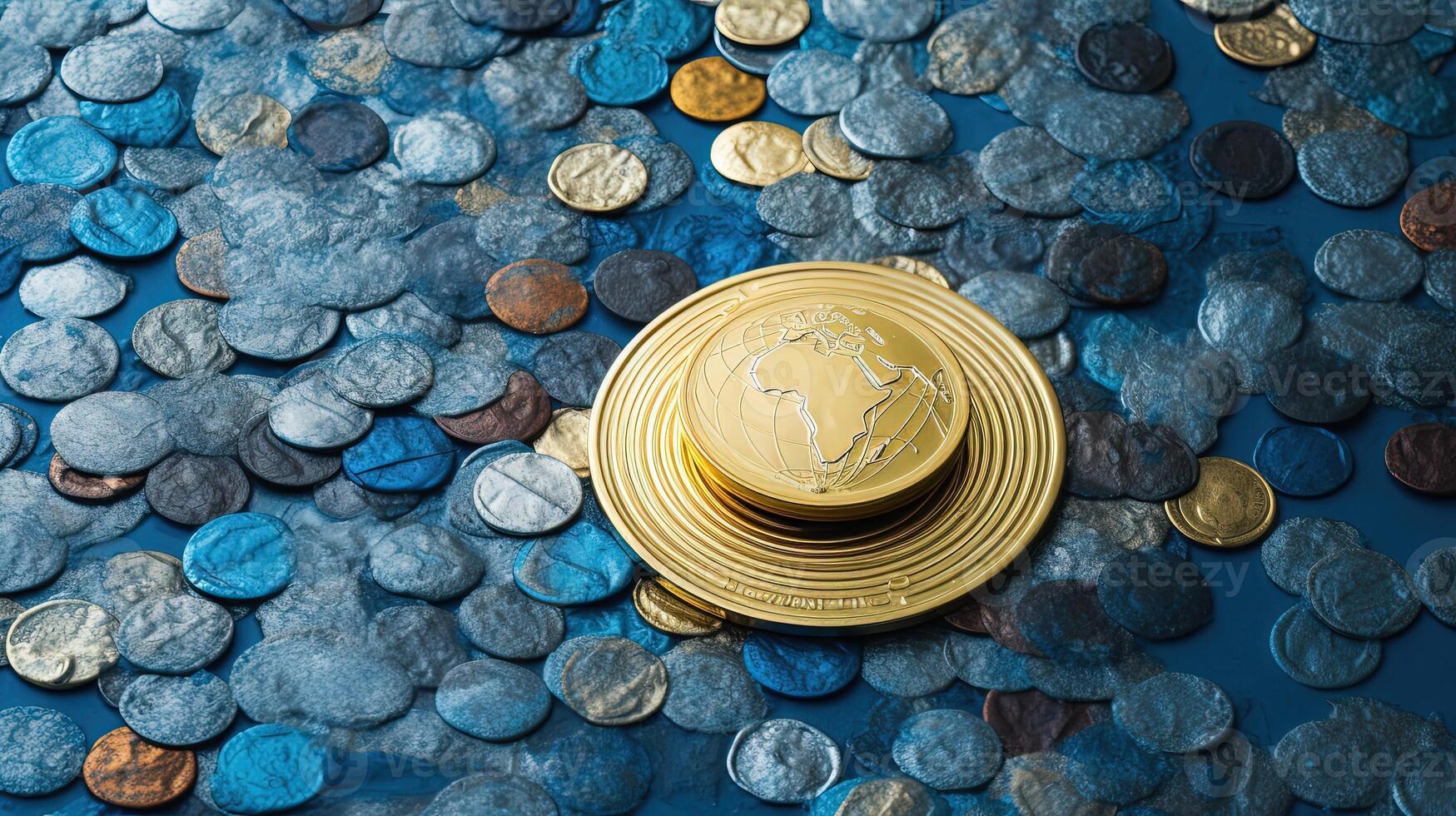 World Continents Mixed Coins on Ancient Plate Heap In Blue and Golden Color. Digital Illustration Closeup Image. photo