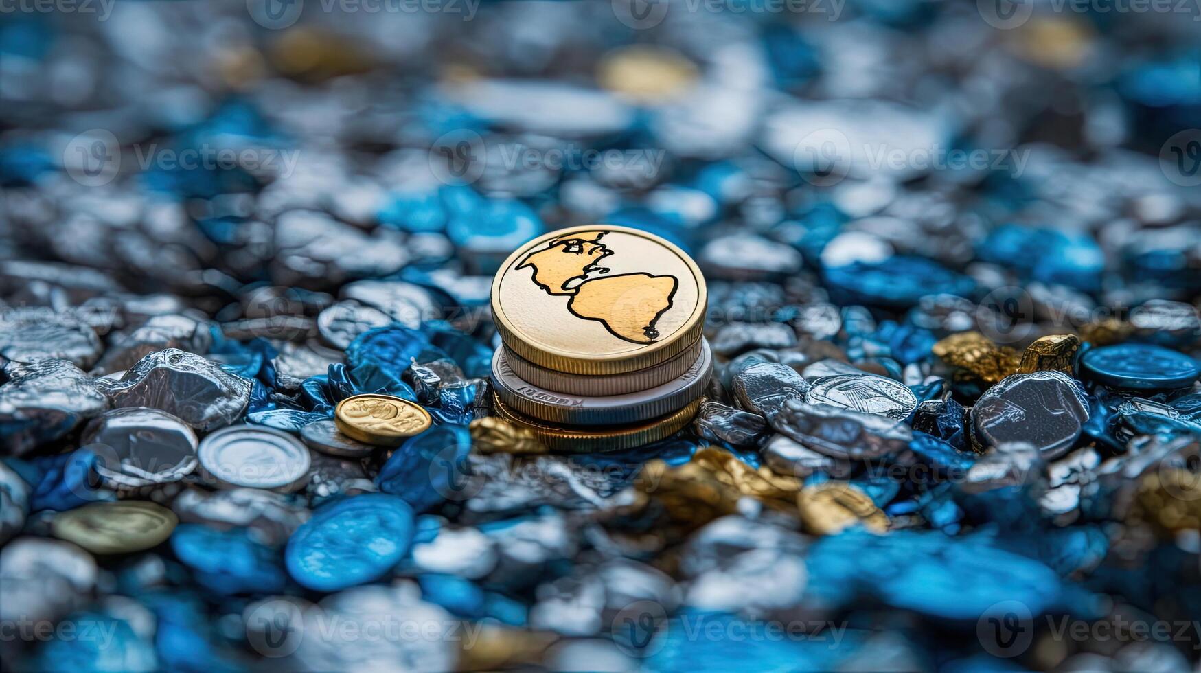 World Continents Mixed Coins on Ancient Plate Heap In Blue and Golden Color. Digital Illustration Closeup Image. photo