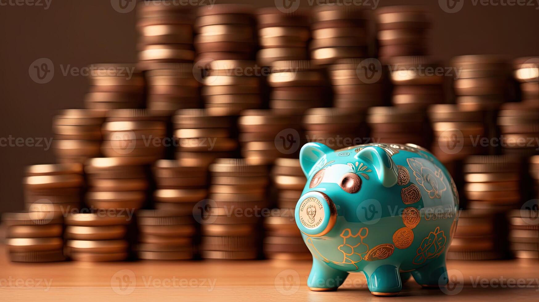 A Chinese Piggy Bank Against Shiny Golden Coins Stack Illustration. Saving Money or Treasure for the Secure Future. . photo