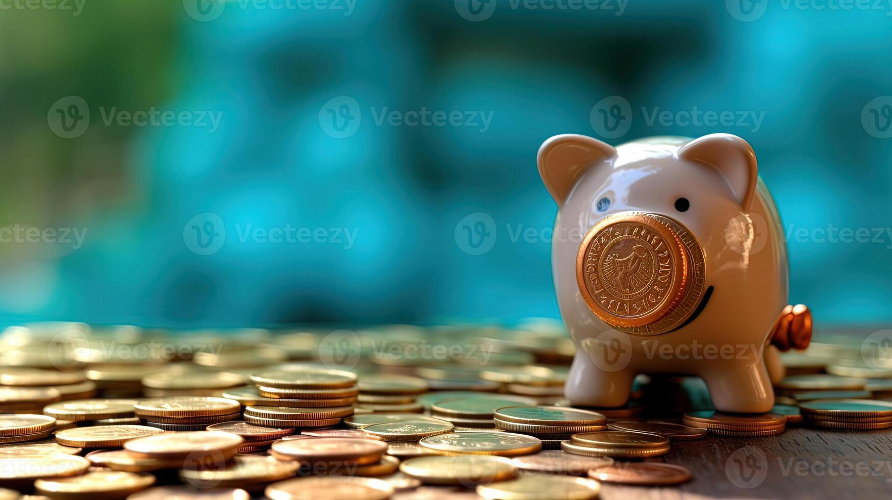 A Cute Blue Piggy Bank on Stack of Golden Coins at Shiny Blue Background. . photo