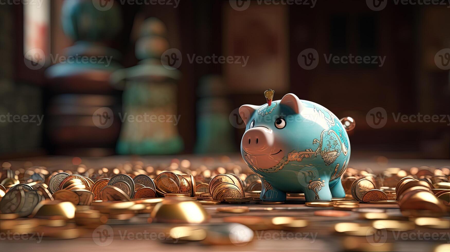 A Cute Blue Piggy Bank Surrounding Golden Coins with Ancient Pot Inside Shiny Room. Treasure or Saving Money for Secure Future. . photo