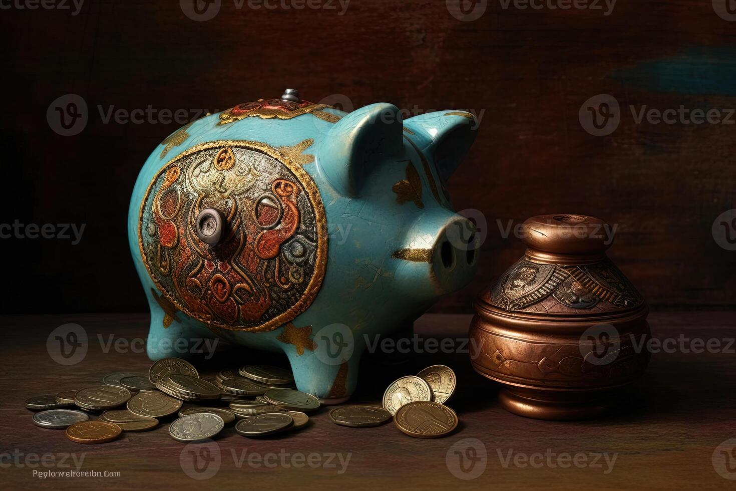 Two Type Ancient Piggy Bank with Coins in Blue and Golden Color. . photo