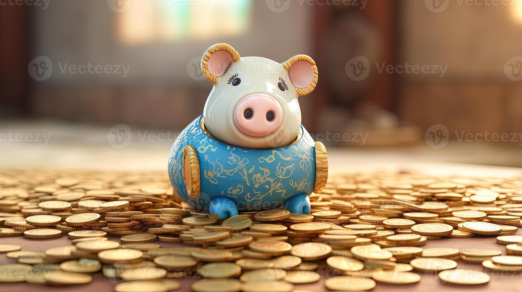 A Blue Japanese Piggy Sits on Golden Coins at Shiny Room. . photo