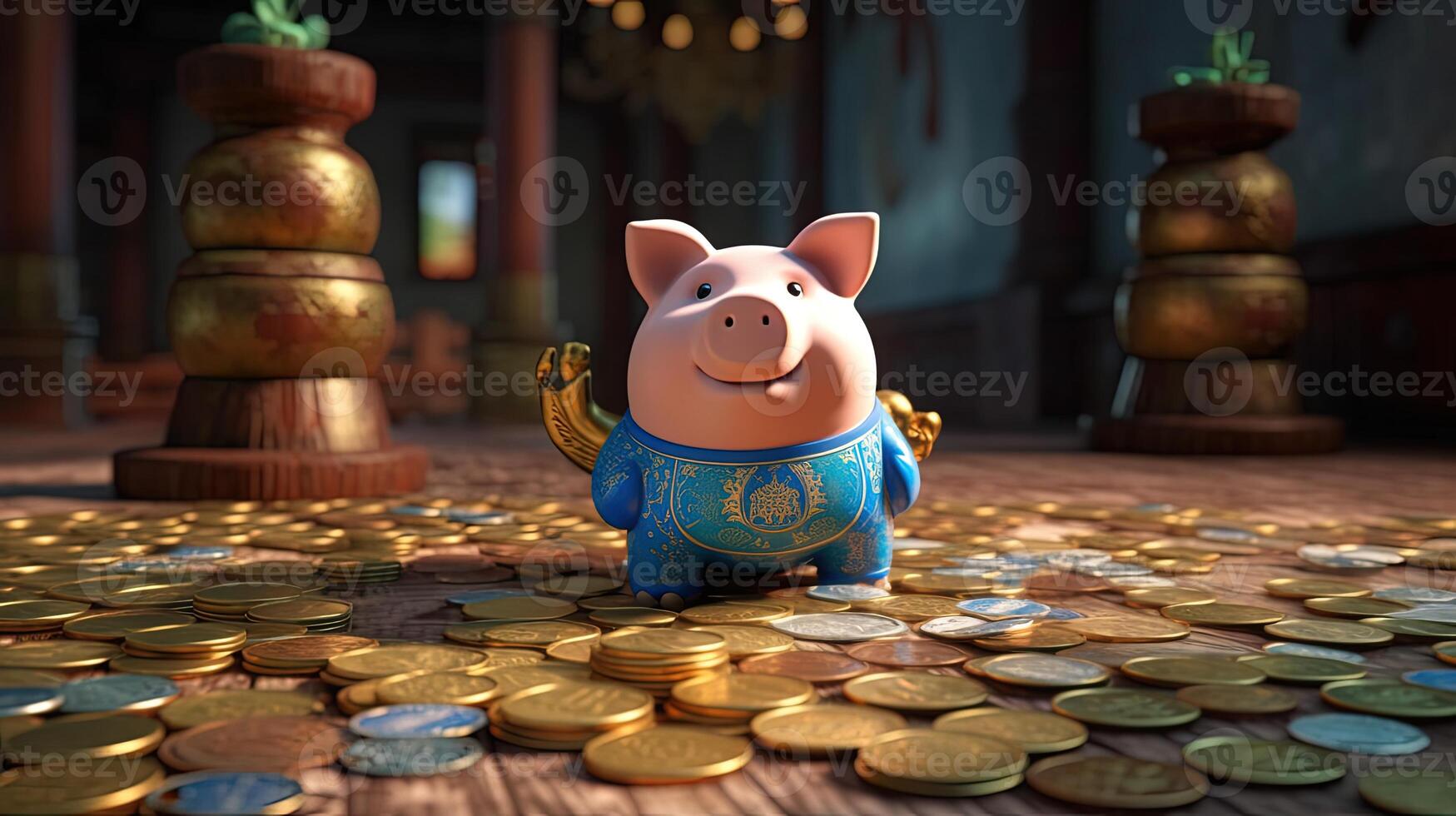 A Happy Piggy Standing on Golden Coins with Cauldron Stack at Shiny Room. . photo