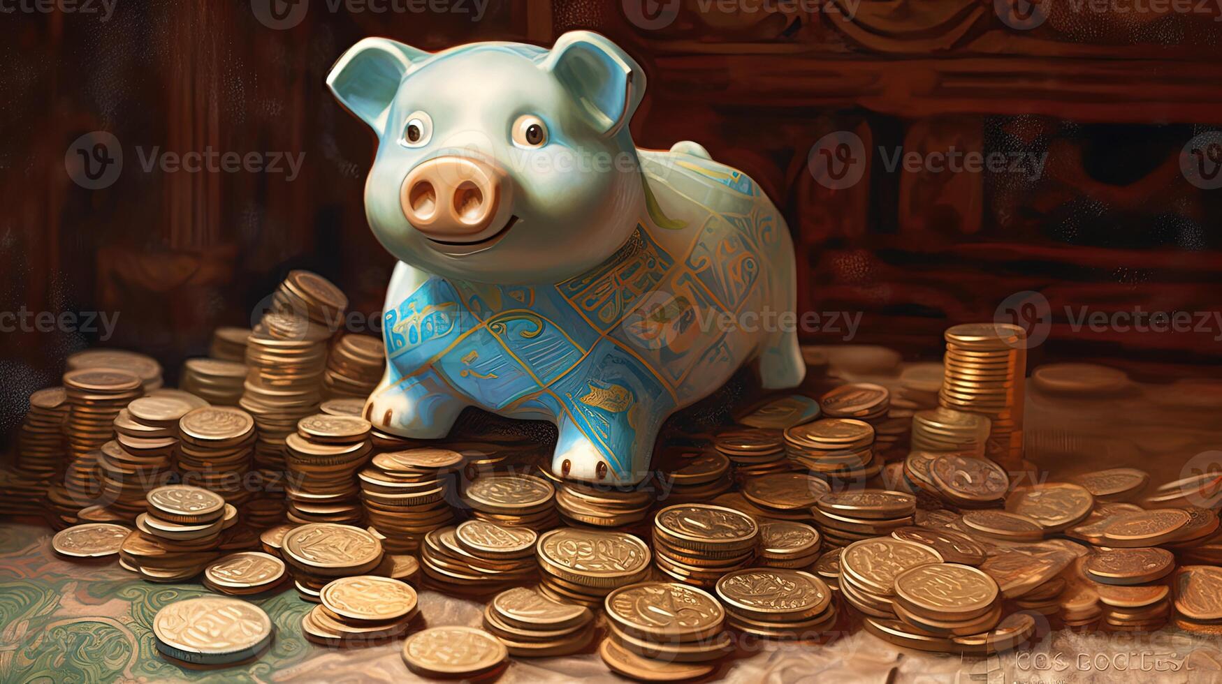 A Blue Chinese Piggy Bank Sits Top of Stack Golden Coins Illustration. . photo