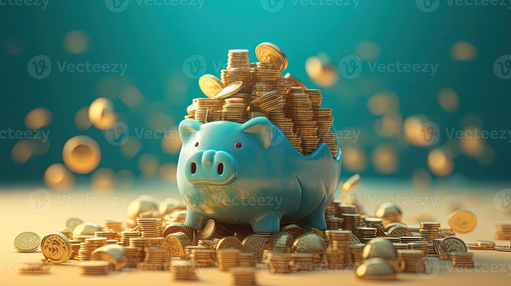 A Full Piggy Bank with Golden Coins Scattered Turquoise Background. . photo