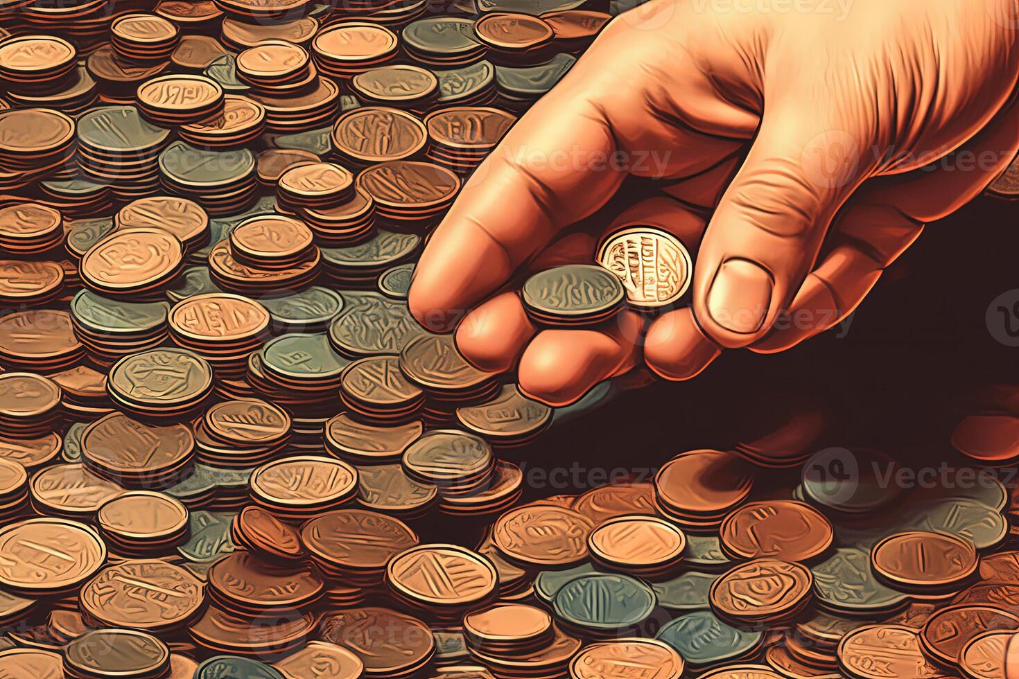 A Human Holding Mixed Coins Stack for Saving or Business Invest Concept. . photo