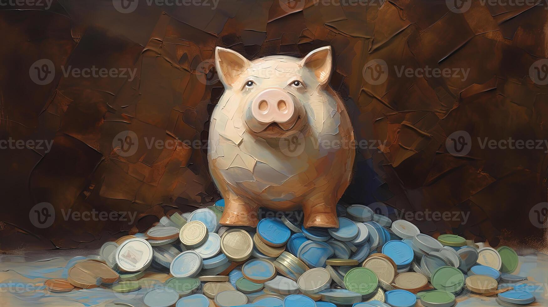 un pintado cerdito sentar parte superior de vistoso monedas montón a marrón grieta antecedentes. generativo ai. foto