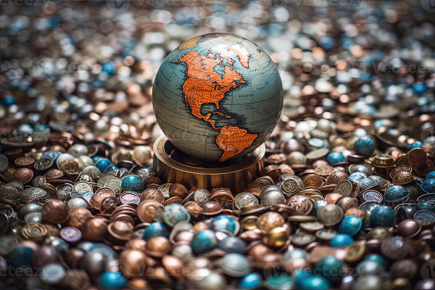 A World Globe Resting on Pile of Mixed Colorful Shiny Coins Illustration. . photo