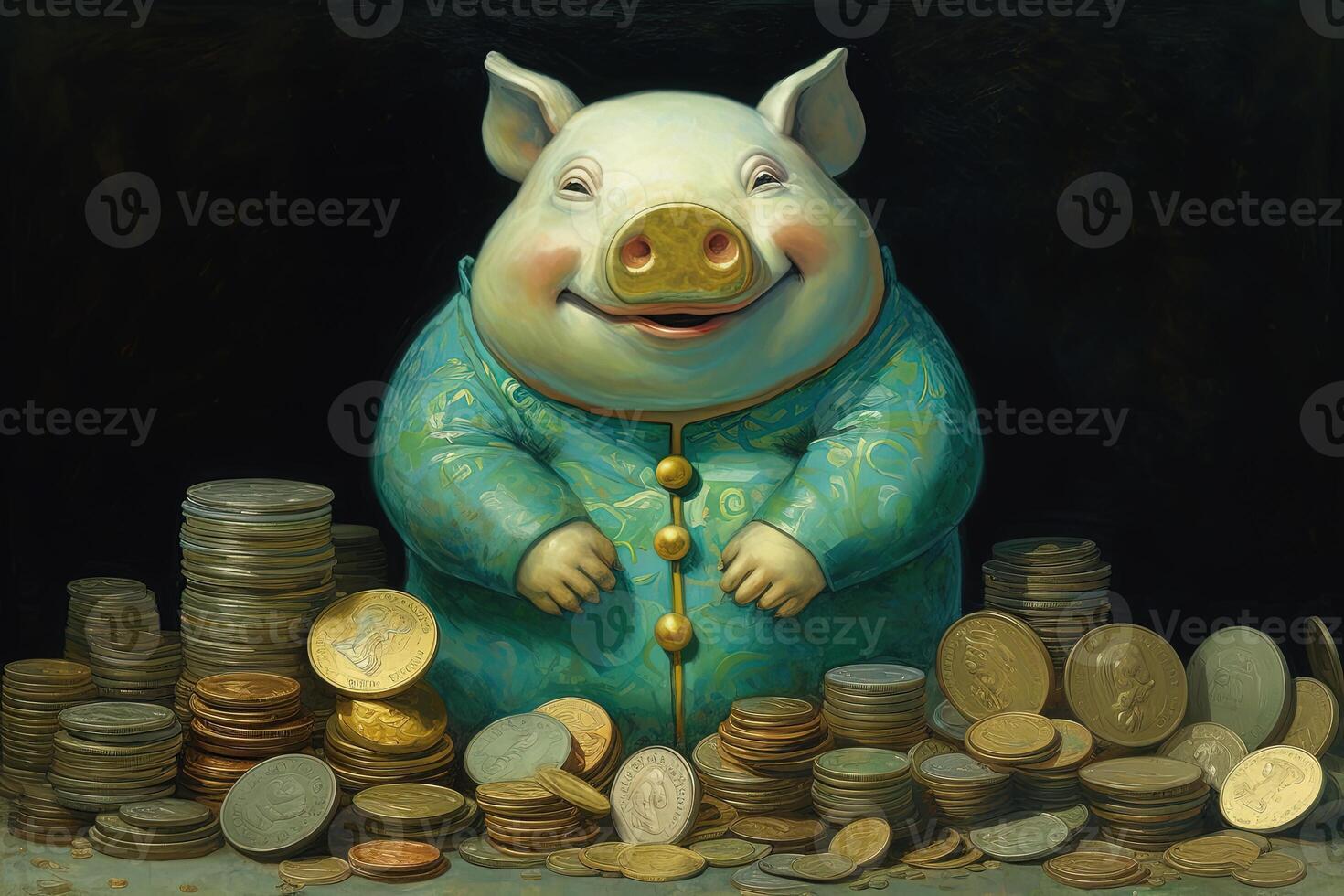 A Happy Piggy Bank Sits with Stack of Coins Isolated on Shiny Dark Background. . photo